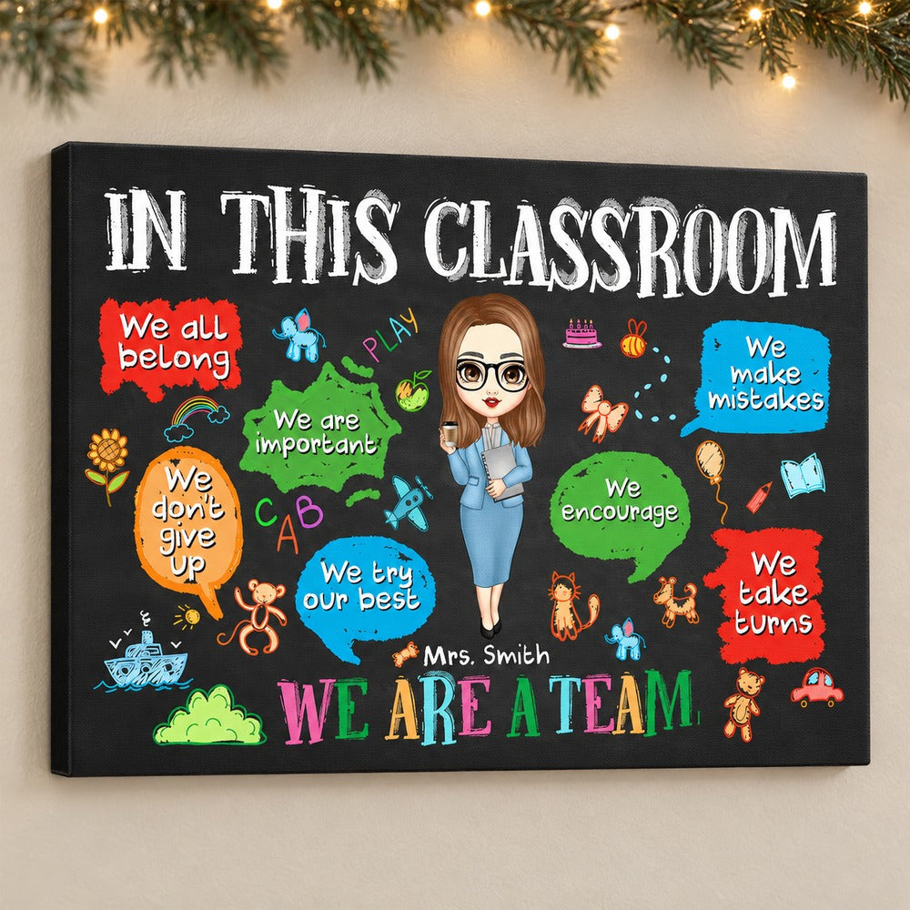 Personalized teacher classroom canvas displayed on a wall with festive pine garland and lights