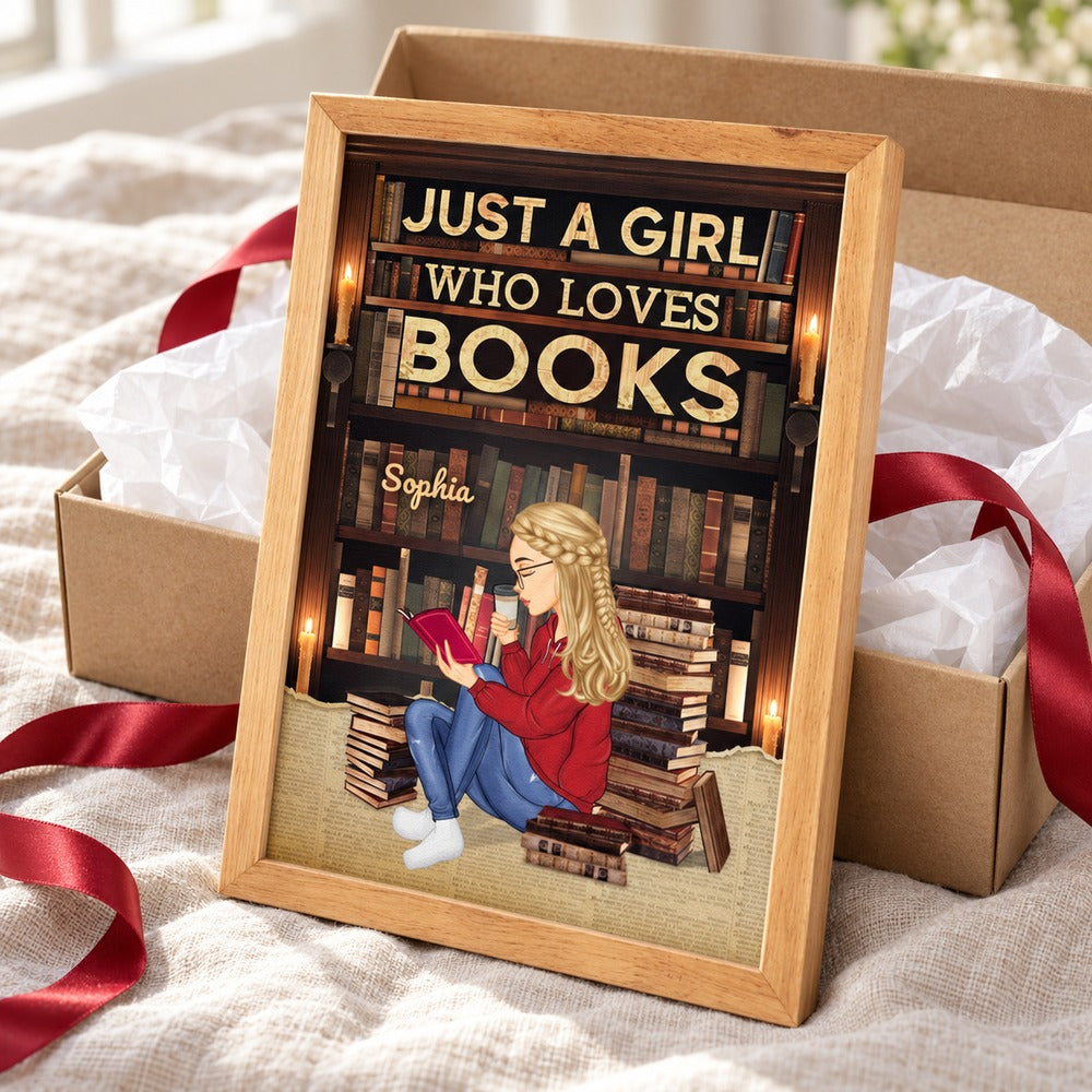 Just A Girl Who Loves Books personalized framed canvas print presented with holiday gift box and ribbon