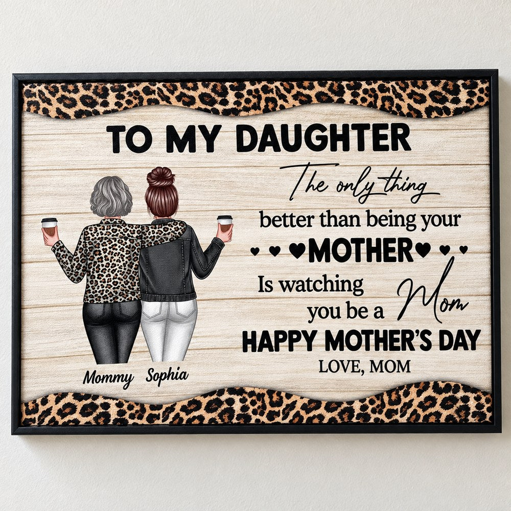 Close-up detail of personalized mother daughter canvas texture and leopard print border