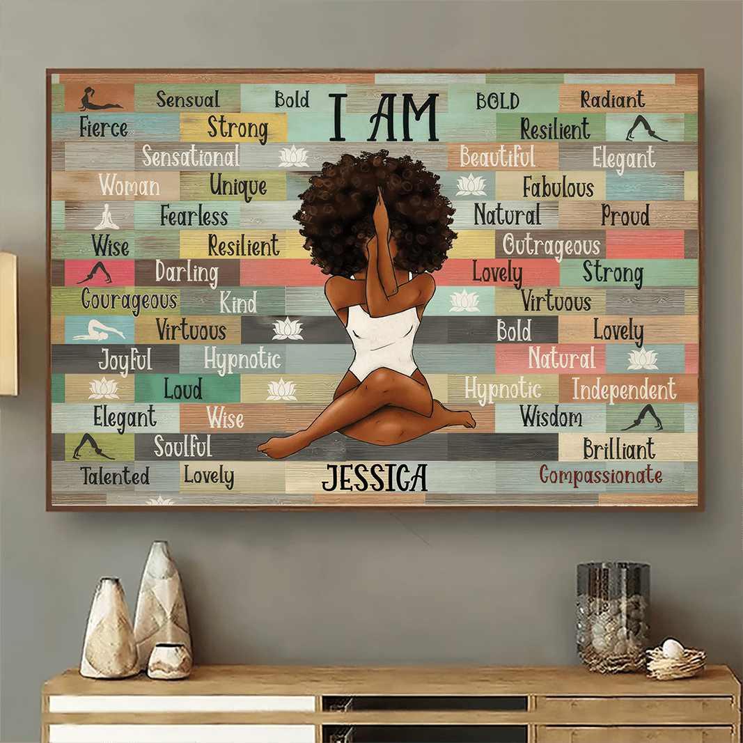I Am Black Woman Yoga Pose - Personalized Canvas - Gift for Black Woman, Black Girl - Black History Month, Juneteenth | Custom Black Art, African American