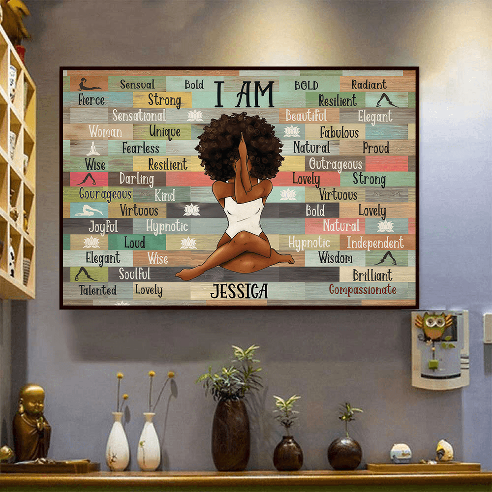 I Am Black Woman Yoga Pose - Personalized Canvas - Gift for Black Woman, Black Girl - Black History Month, Juneteenth | Custom Black Art, African American