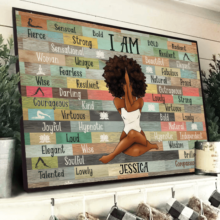 I Am Black Woman Yoga Pose - Personalized Canvas - Gift for Black Woman, Black Girl - Black History Month, Juneteenth | Custom Black Art, African American