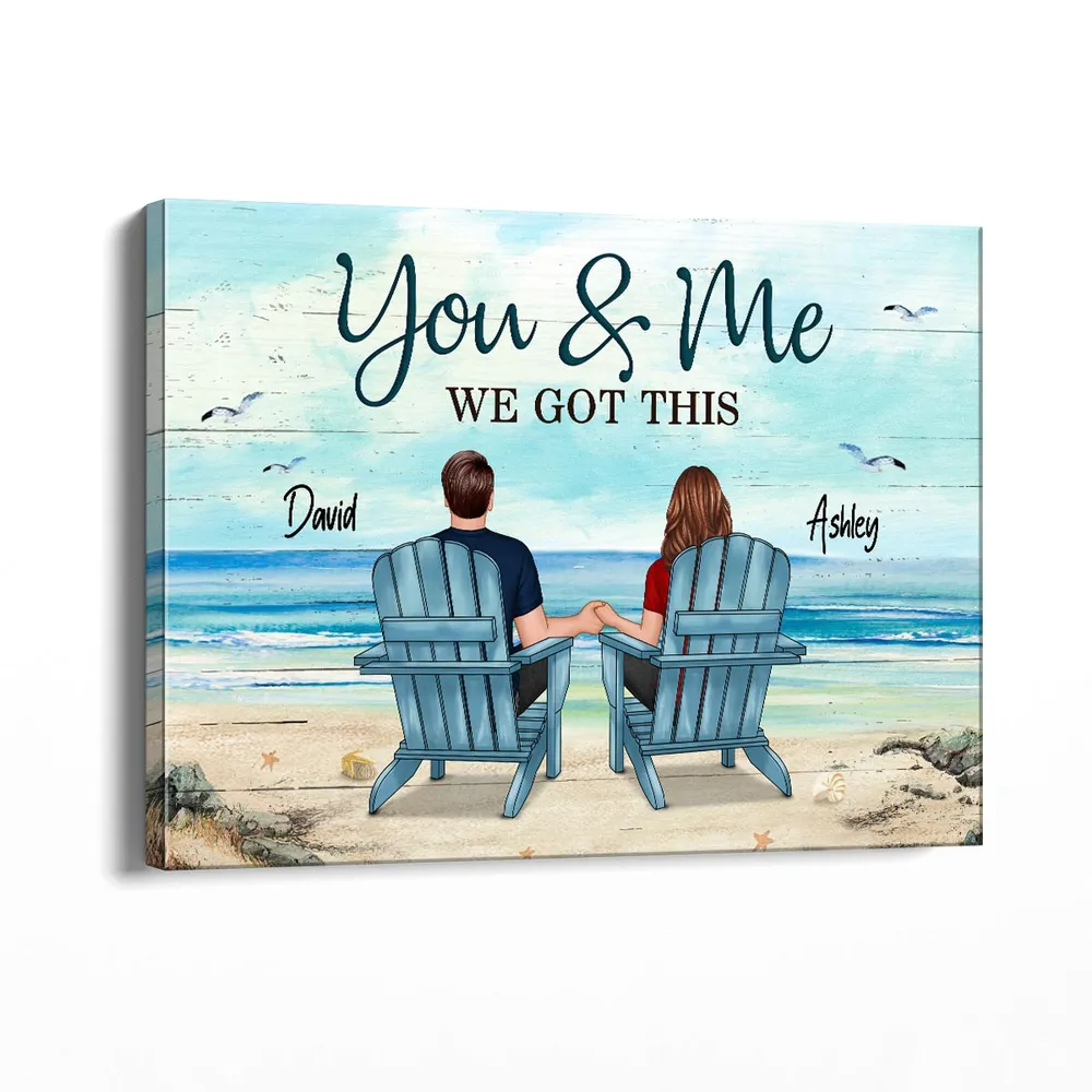 Back View Couple Sitting Beach Landscape - Personalized Canvas - Gift For Couple