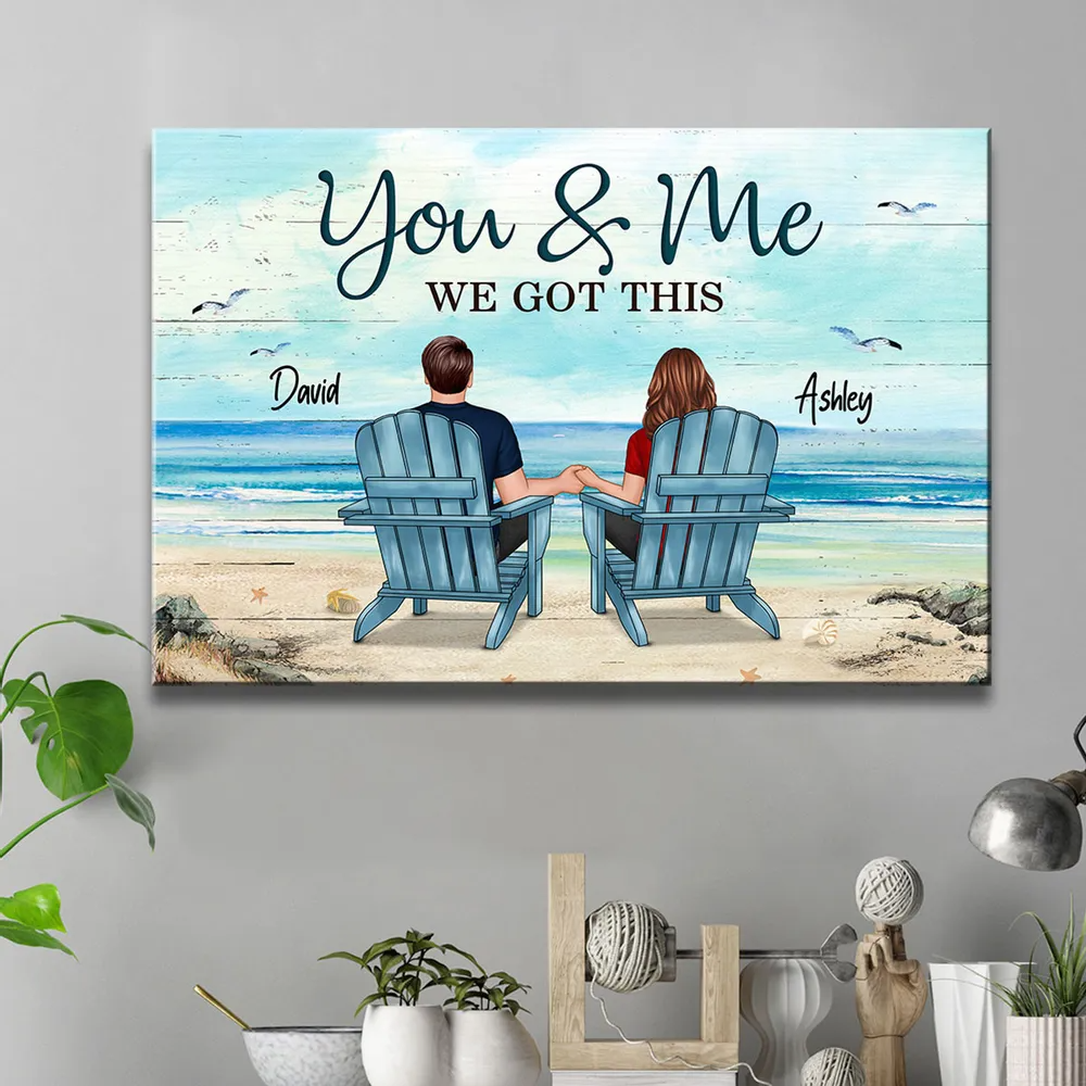 Back View Couple Sitting Beach Landscape - Personalized Canvas - Gift For Couple