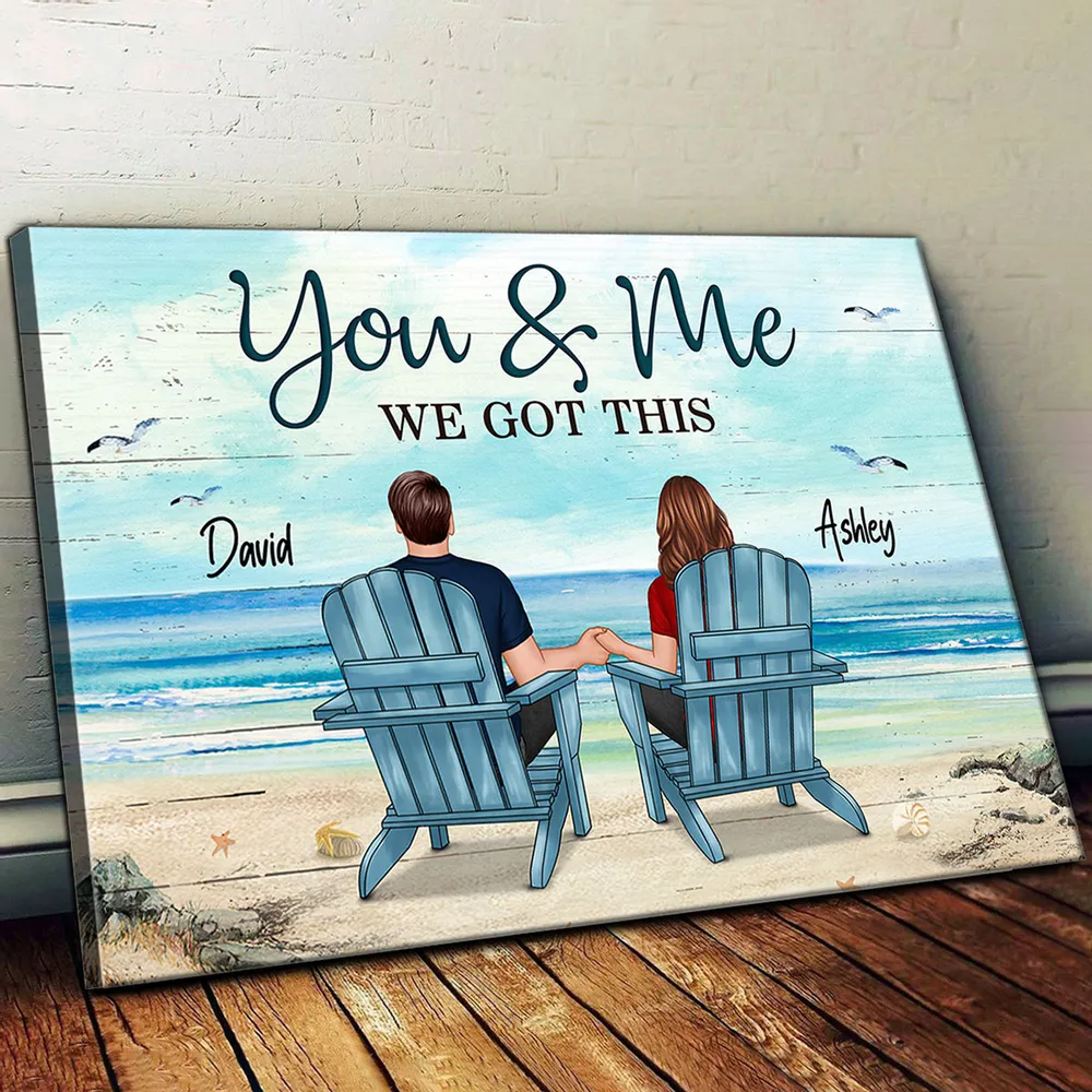 Back View Couple Sitting Beach Landscape - Personalized Canvas - Gift For Couple