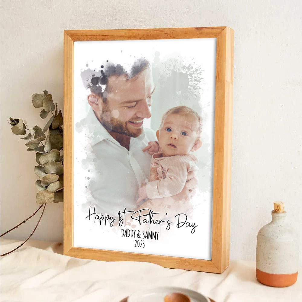 Custom Photo Watercolor First Father's Day - Personalized Canvas - New Dad Gift From Wife, First Father's Day
