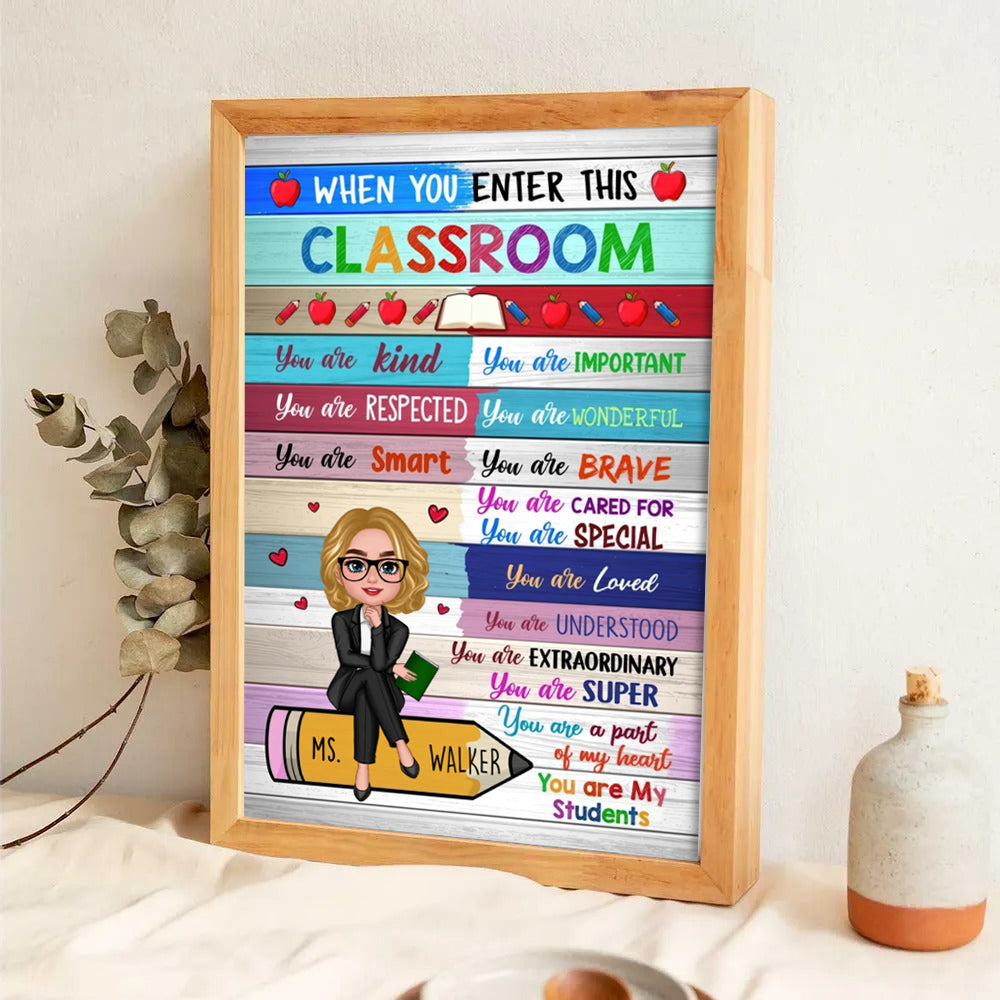 Colorful Teacher Sitting On Pencil - Personalized Canvas - Back To School, 1st Day of School - Custom Gift For Teachers & Educators, Classroom Decoration