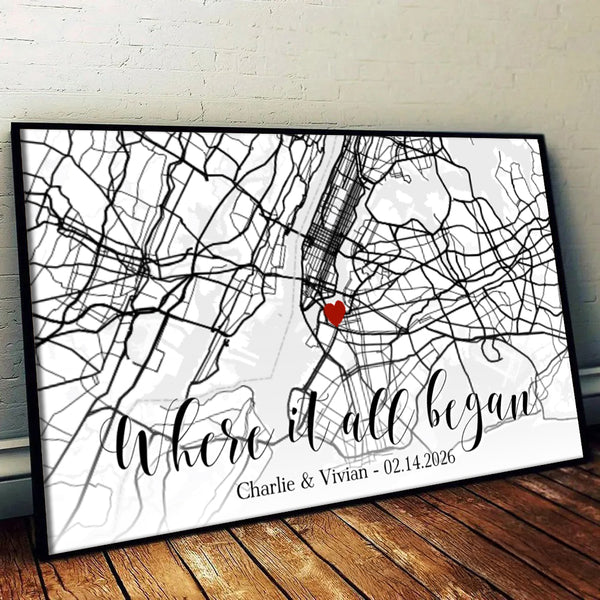 Custom Map Couple Where It All Began - Personalized Canvas Prints - Gift For Her/Him, Husband/Wife, Couples on Anniversary, Valentine's Day
