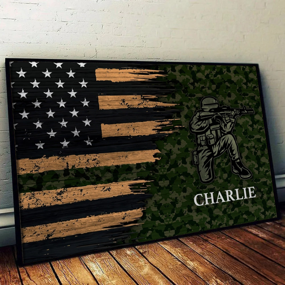 Half Thin Green Line Patriotic American Flag - Personalized Canvas - Gift For Army, Military Veteran Dad Grandpa Veteran
