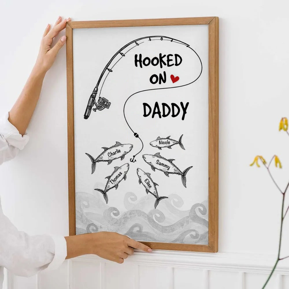 Fishes Hooked On Daddy Grandpa - Personalized Canvas Print - Father's Day Gift For Fisher, Fisherman, Fishing Lovers
