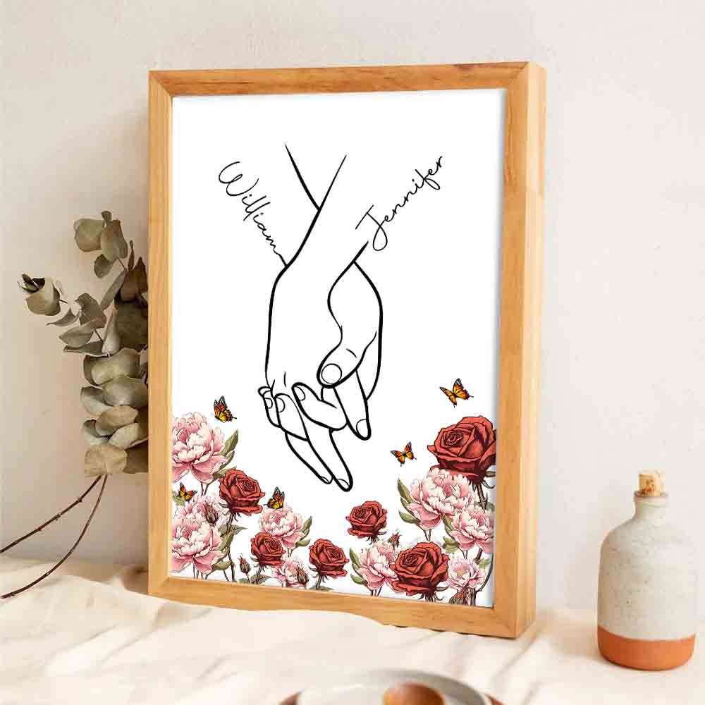 I Love You Couple Hand Print Birth Flower - Personalized Canvas Prints - Gift For Her/Him, Wife/Husband, Girlfriend/Boyfriend on Anniversary, Valentine's Day