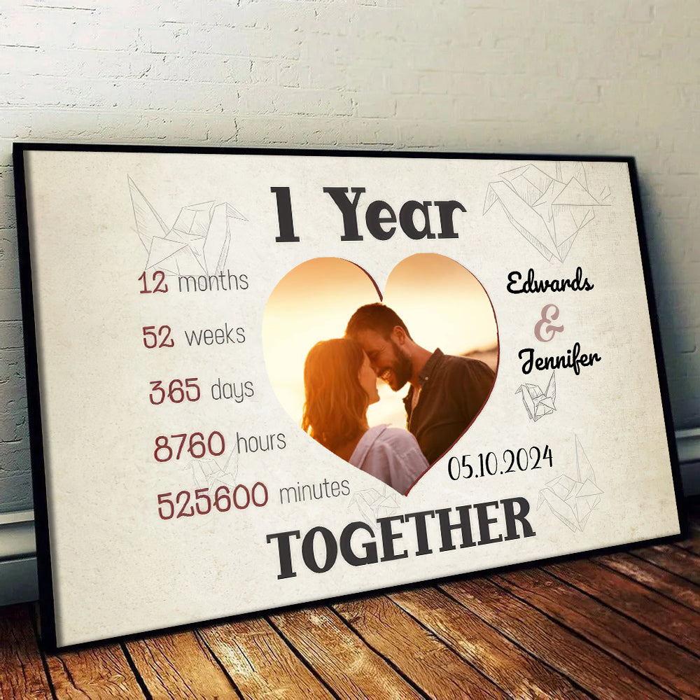 Custom Photo 1 Year Together Heart-Shaped Couple - Personalized Canvas Print - Gift For Her/Him, Husband/Wife, Couples on Anniversary, Valentine's Day