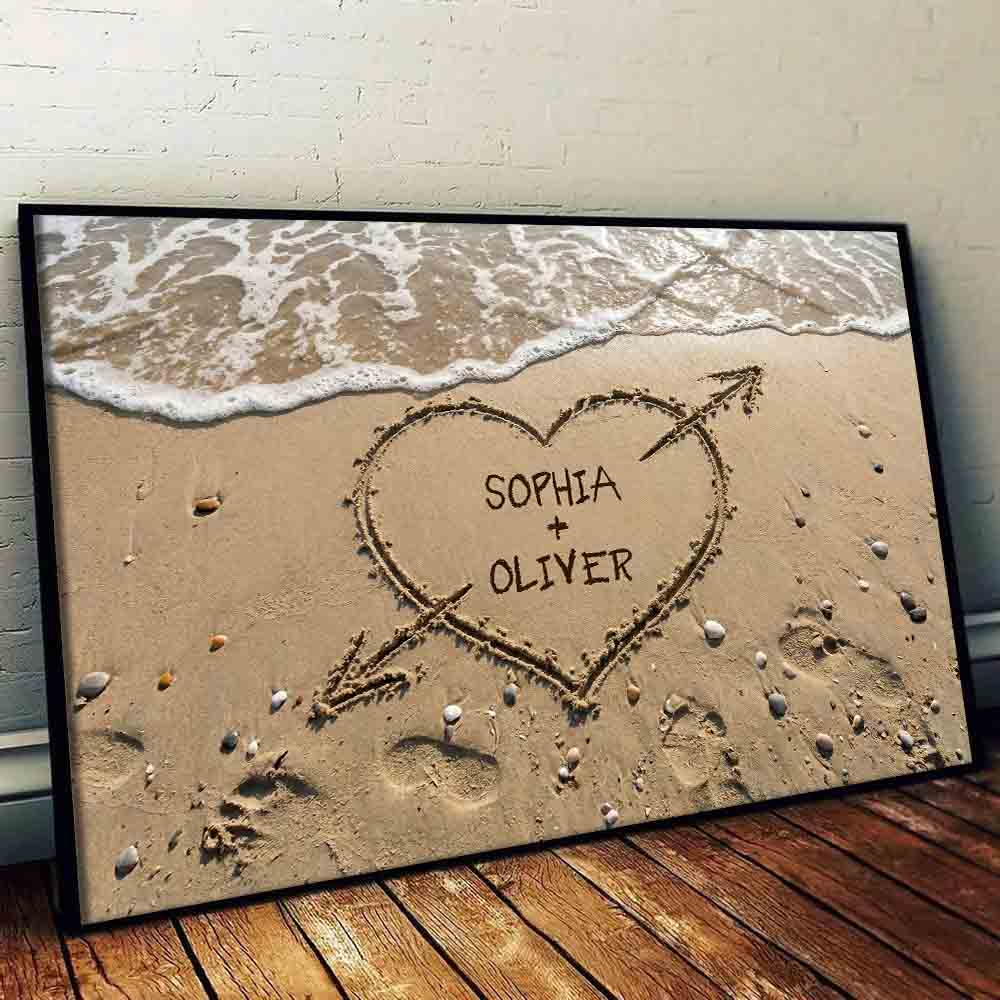 Couple Names Heart in Sand - Personalized Canvas Prints - Gift For Her/Him, Husband/Wife, Couples on Anniversary, Valentine's Day