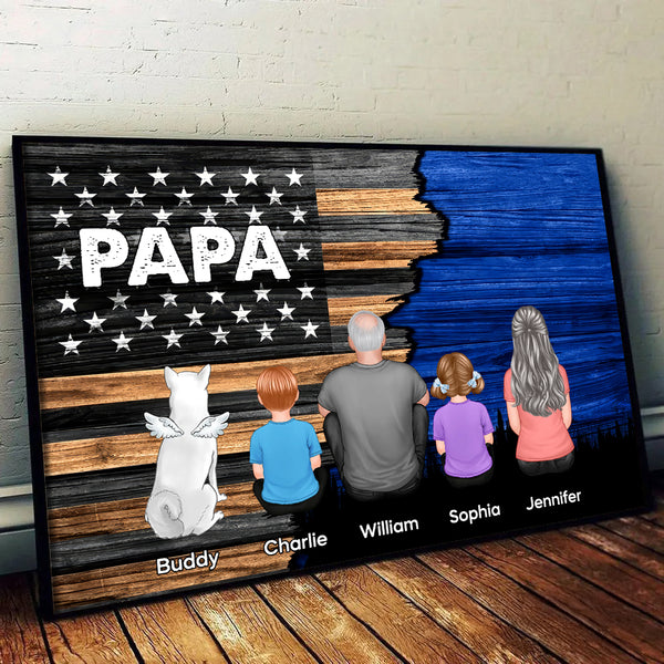 Dad Grandpa Back View Sitting With Kids Half Nation Flag - Personalized Canvas - Gift For Dad, Grandpa, Father's Day