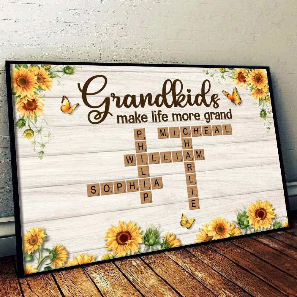 Grandkids Make Life More Grand Crossword Puzzle Sunflower - Personalized Canvas - Gift for Grandma, Nana, Grandparent