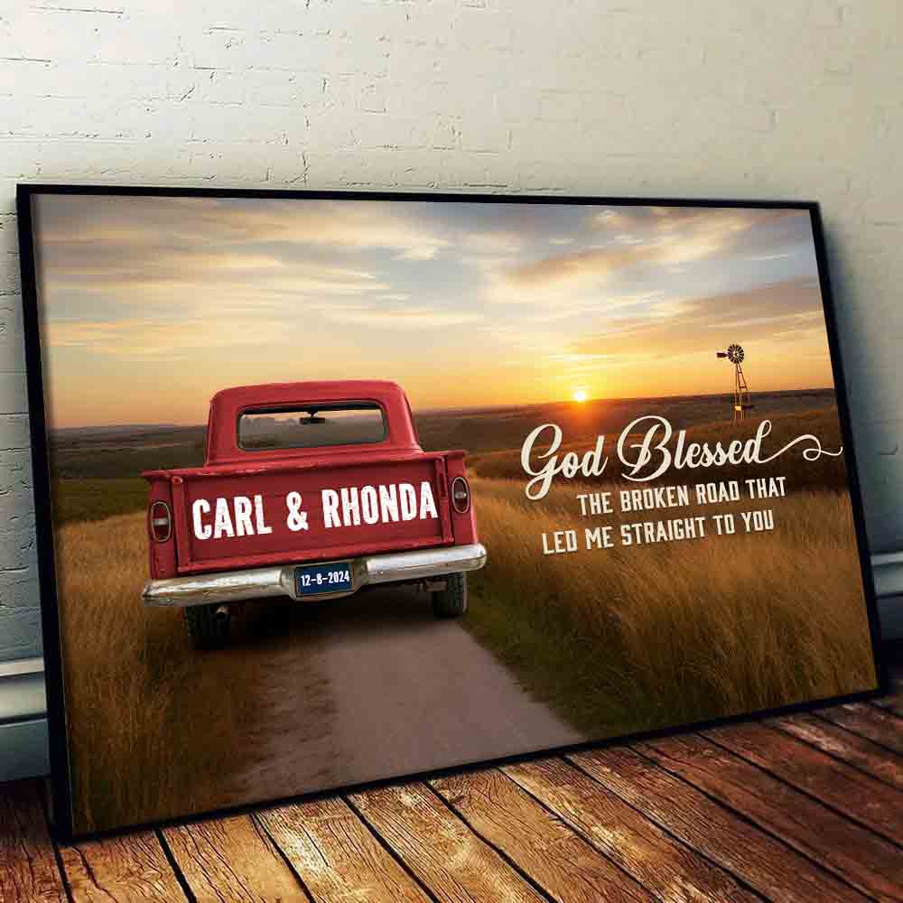 God Blessed The Broken Road Couple - Personalized Canvas Print - Gift For Her/Him, Husband/Wife, Couples on Anniversary, Valentine's Day