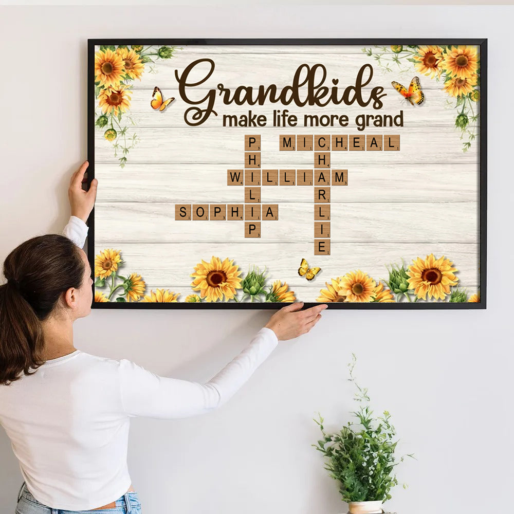 Grandkids Make Life More Grand Crossword Puzzle Sunflower - Personalized Canvas - Gift for Grandma, Nana, Grandparent