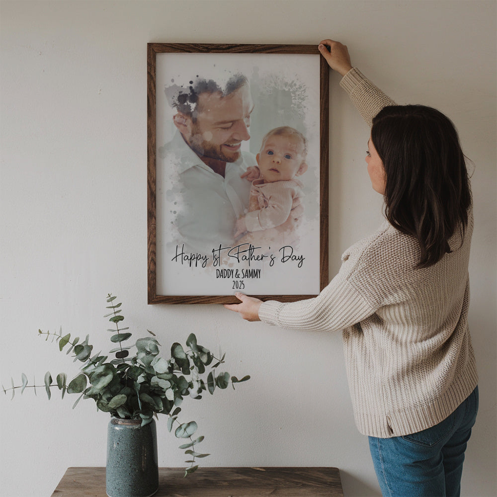 Custom Photo Watercolor First Father's Day - Personalized Canvas - New Dad Gift From Wife, First Father's Day