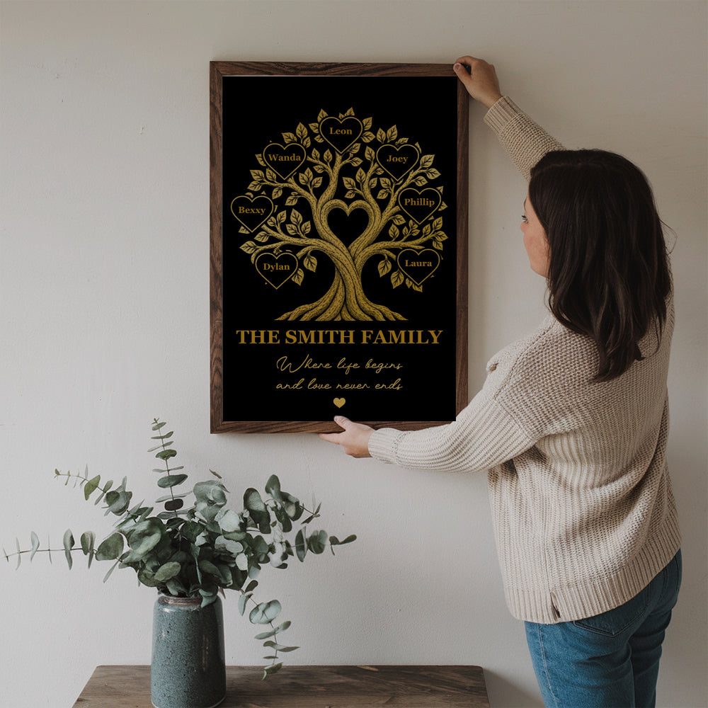 Family Tree With Names Where Life Begins And Love Never Ends - Personalized Canvas Prints - Gift For Family Members, Mom and Dad