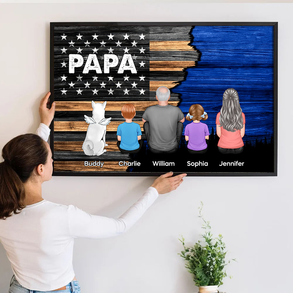 Dad Grandpa Back View Sitting With Kids Half Nation Flag - Personalized Canvas - Gift For Dad, Grandpa, Father's Day