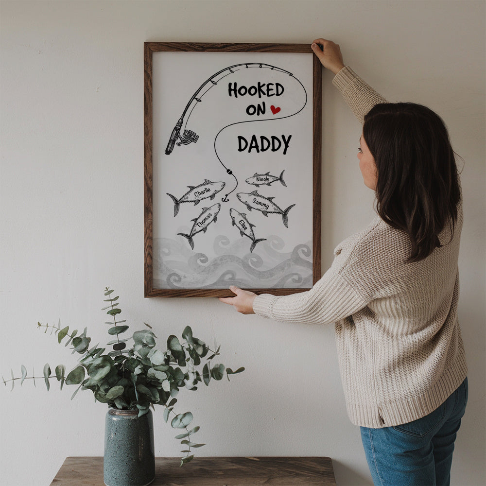 Fishes Hooked On Daddy Grandpa - Personalized Canvas Print - Father's Day Gift For Fisher, Fisherman, Fishing Lovers