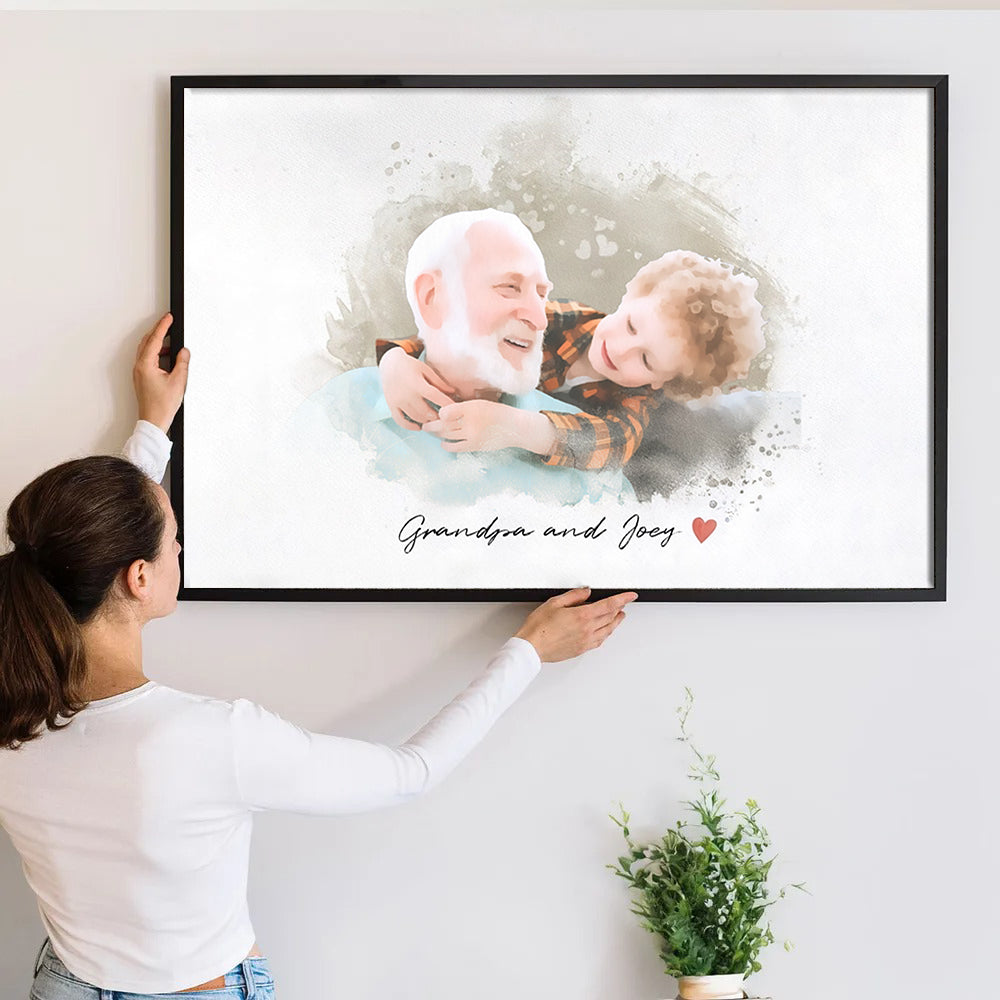 Custom Photo Grandpa and Kid Portrait - Personalized Canvas - Gift For Grandpa/Grandma, Mom/Dad