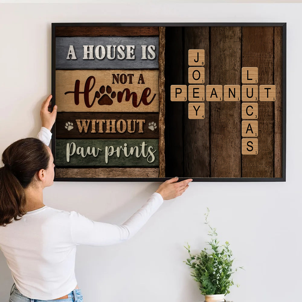 Home With Paw Prints Colored Wood Pallets Crossword Puzzle Art - Personalized Horizontal Canvas Prints - Gift For Dog Lovers, Cat Lovers, Pet Lovers