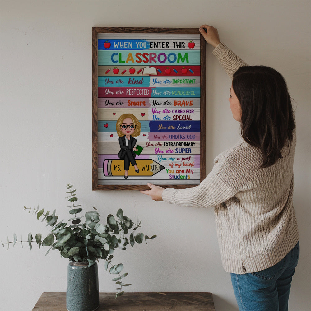 Colorful Teacher Sitting On Pencil - Personalized Canvas - Back To School, 1st Day of School - Custom Gift For Teachers & Educators, Classroom Decoration