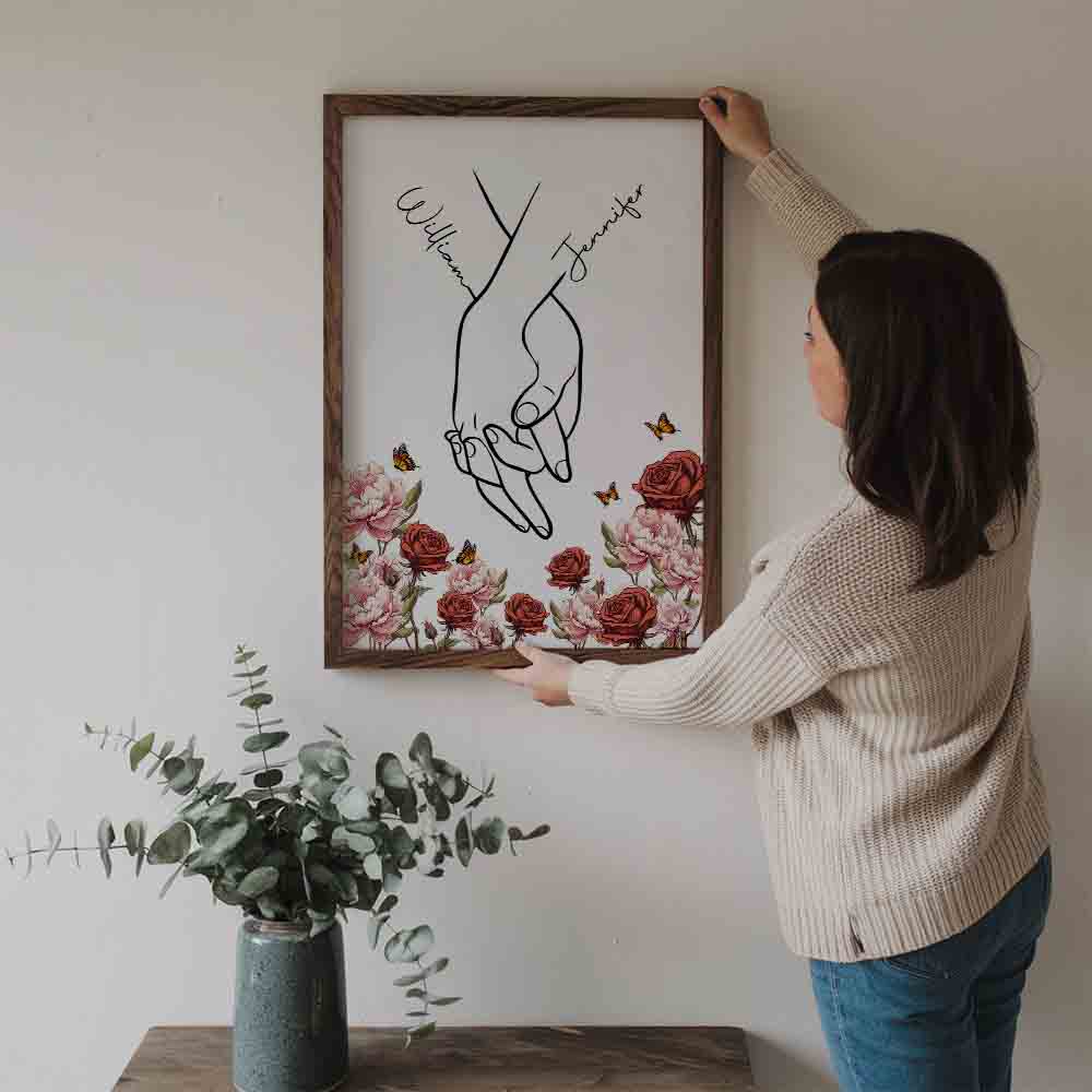 I Love You Couple Hand Print Birth Flower - Personalized Canvas Prints - Gift For Her/Him, Wife/Husband, Girlfriend/Boyfriend on Anniversary, Valentine's Day