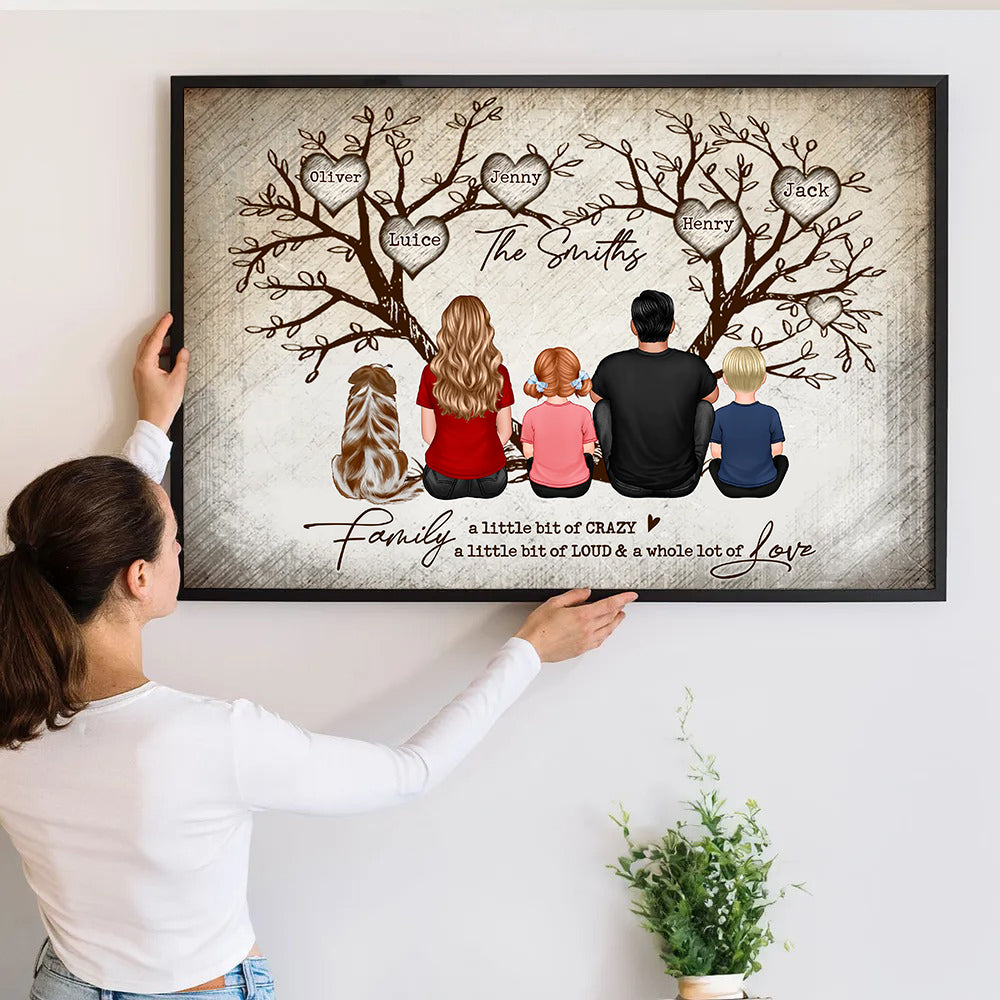 Family Heart Tree Sitting - Personalized Horizontal Canvas - Gift For Family Members, Mom and Dad, Dog, Cat