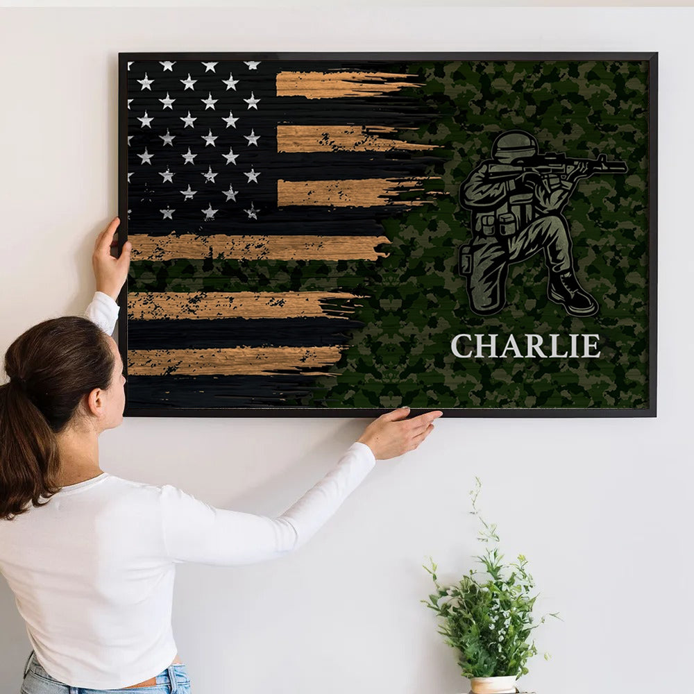 Half Thin Green Line Patriotic American Flag - Personalized Canvas - Gift For Army, Military Veteran Dad Grandpa Veteran
