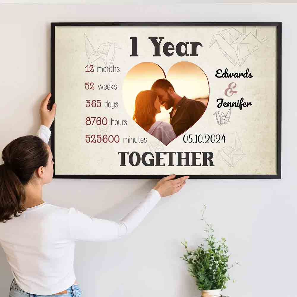 Custom Photo 1 Year Together Heart-Shaped Couple - Personalized Canvas Print - Gift For Her/Him, Husband/Wife, Couples on Anniversary, Valentine's Day