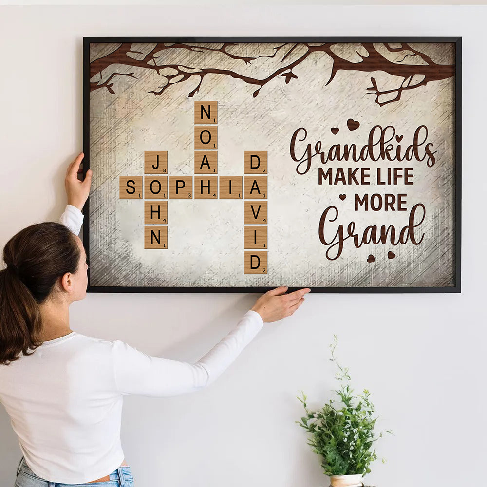 Grandkids Make Life More Grand Family Crossword - Personalized Canvas - Gift for Grandma, Nana, Grandparent