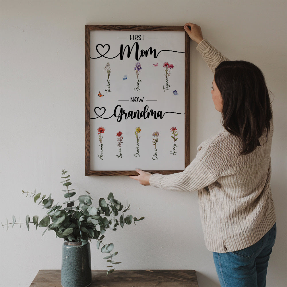 Birth Month Flower First Mom Now Grandma - Personalized Canvas - Gift For Gift For Grandma, Mom, Mother's Day
