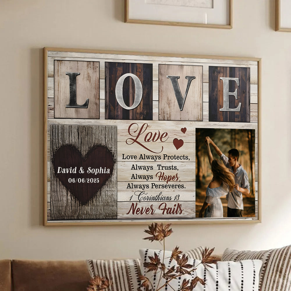 Custom Photo Couple Love Never Fails - Personalized Canvas Prints - Gift For Her/Him, Husband/Wife, Couples on Anniversary, Valentine's Day