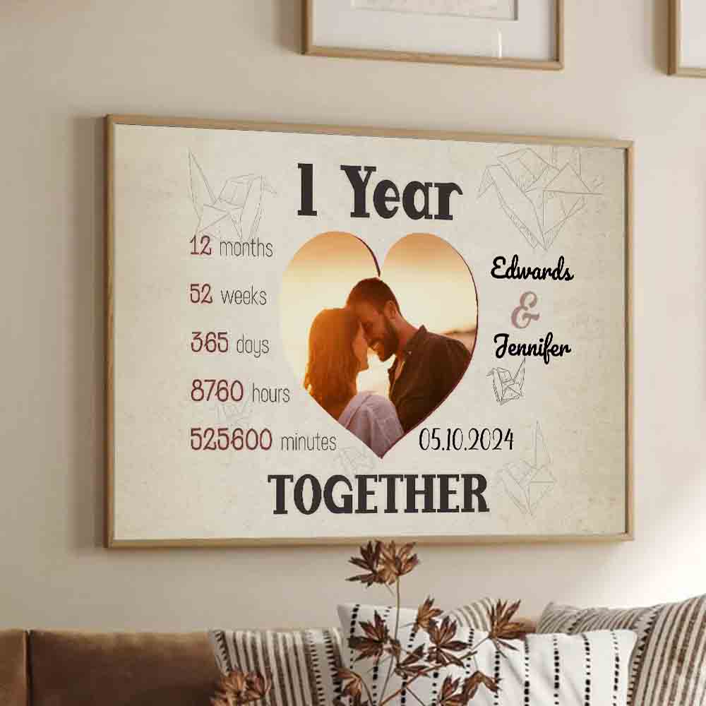 Custom Photo 1 Year Together Heart-Shaped Couple - Personalized Canvas Print - Gift For Her/Him, Husband/Wife, Couples on Anniversary, Valentine's Day