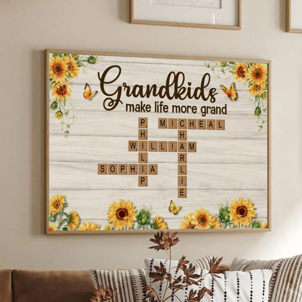 Grandkids Make Life More Grand Crossword Puzzle Sunflower - Personalized Canvas - Gift for Grandma, Nana, Grandparent