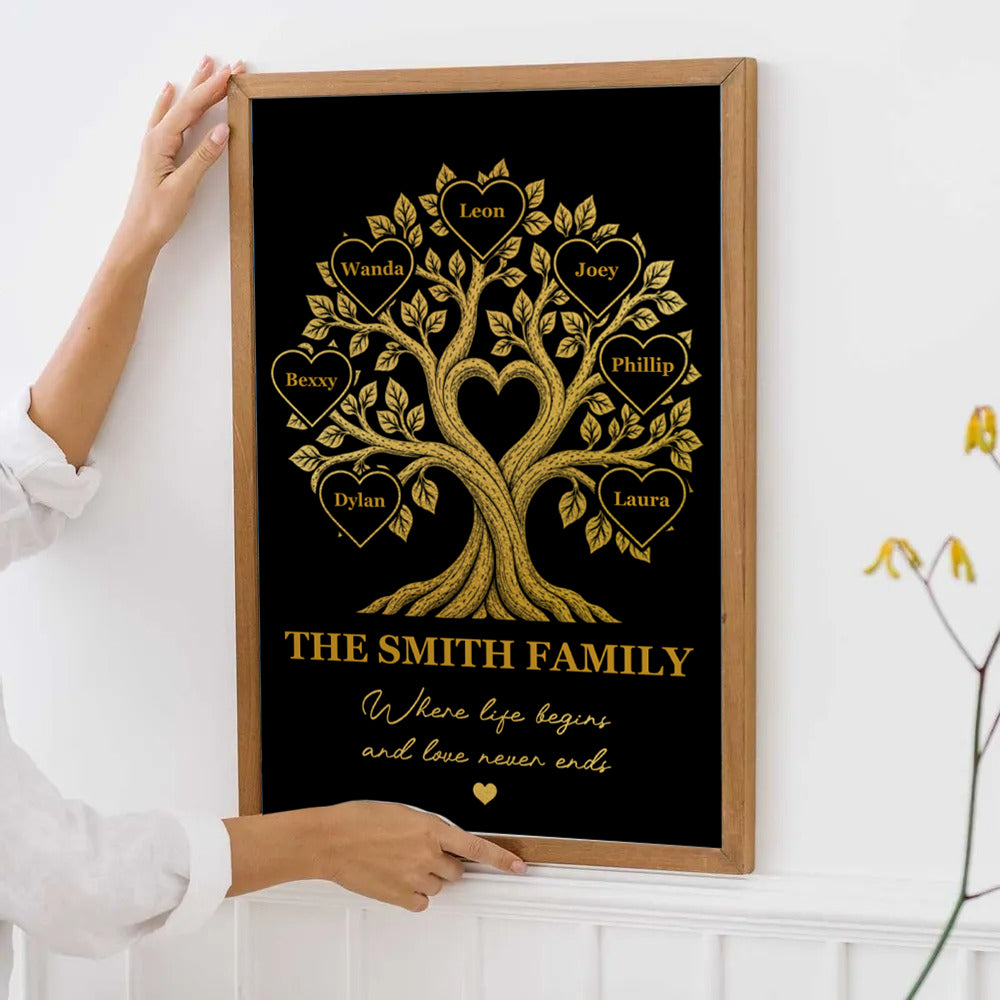 Family Tree With Names Where Life Begins And Love Never Ends - Personalized Canvas Prints - Gift For Family Members, Mom and Dad