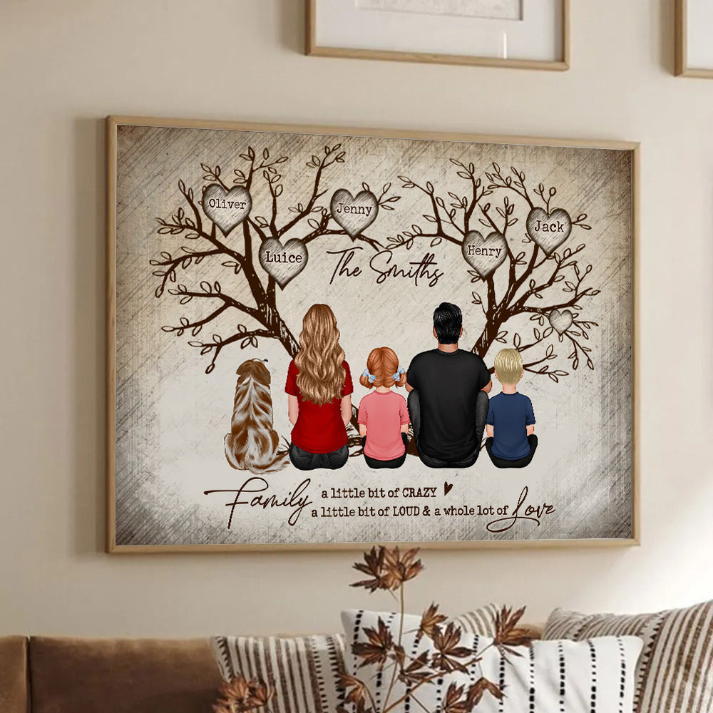 Family Heart Tree Sitting - Personalized Horizontal Canvas - Gift For Family Members, Mom and Dad, Dog, Cat