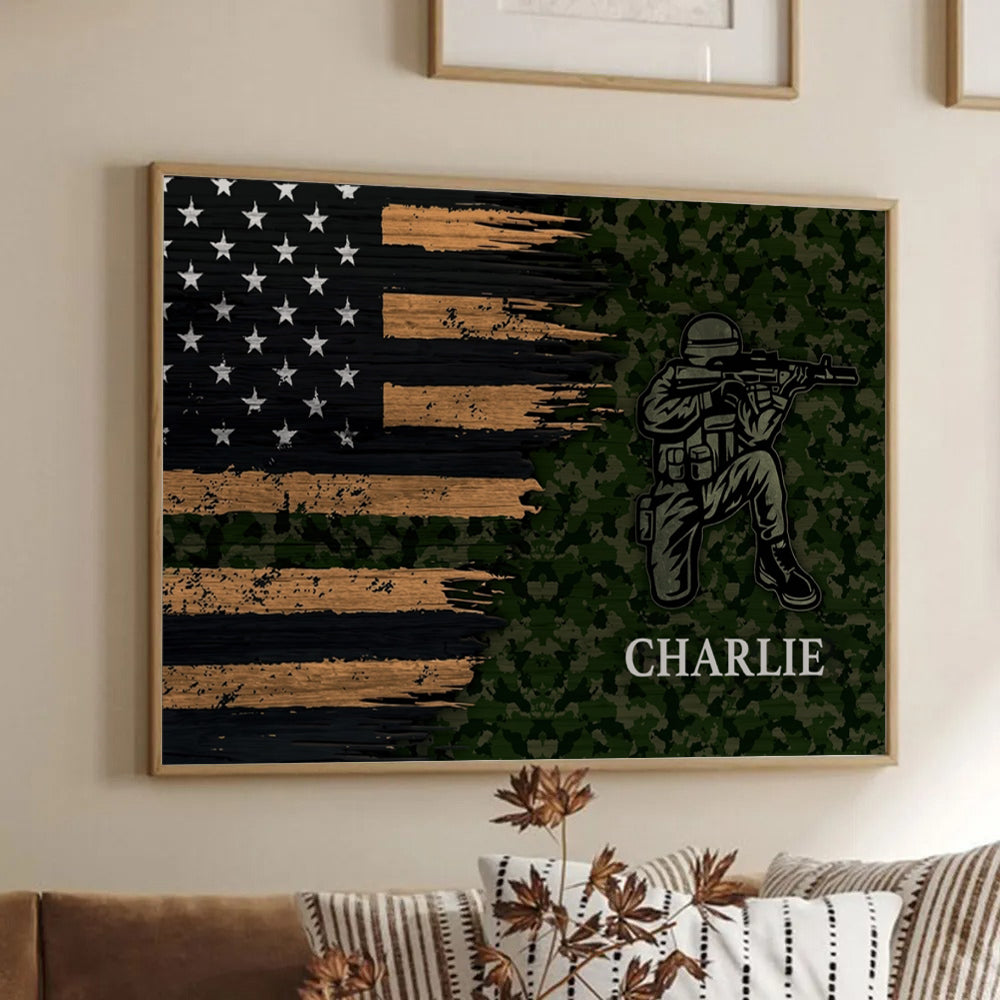 Half Thin Green Line Patriotic American Flag - Personalized Canvas - Gift For Army, Military Veteran Dad Grandpa Veteran