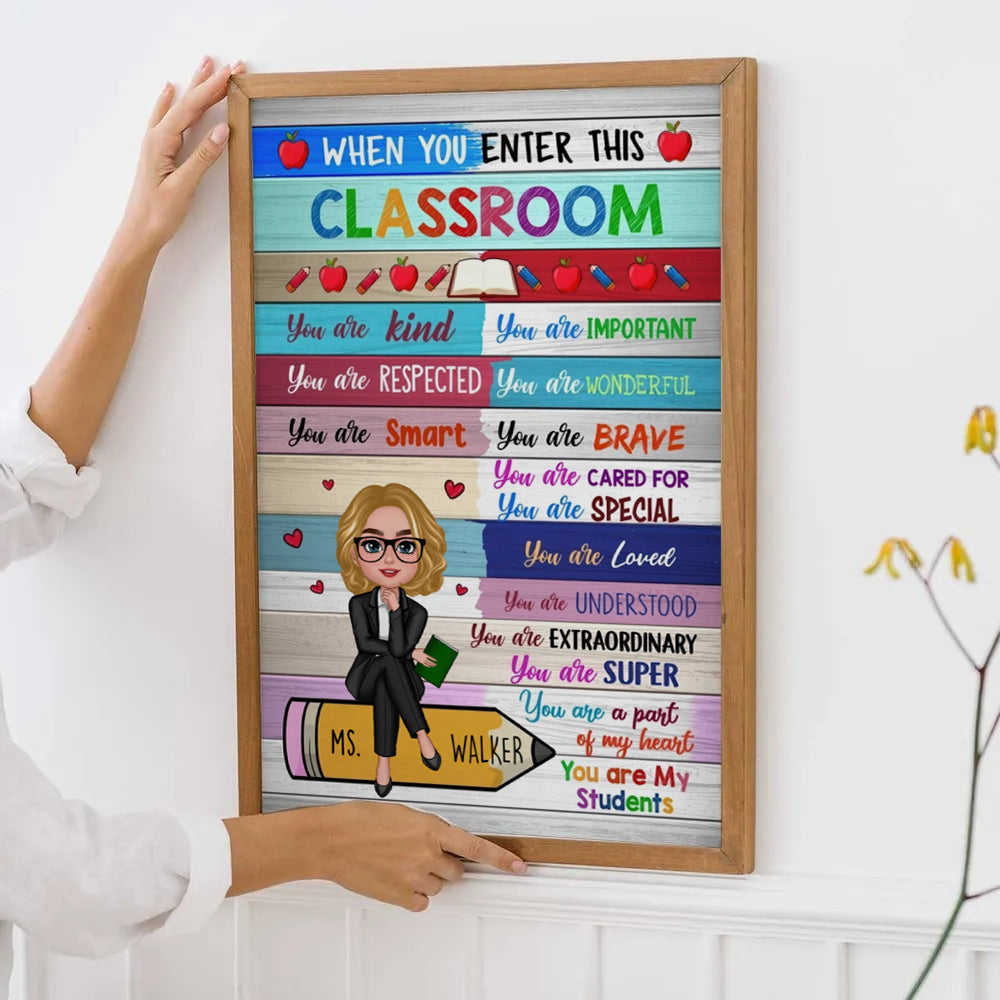 Colorful Teacher Sitting On Pencil - Personalized Canvas - Back To School, 1st Day of School - Custom Gift For Teachers & Educators, Classroom Decoration