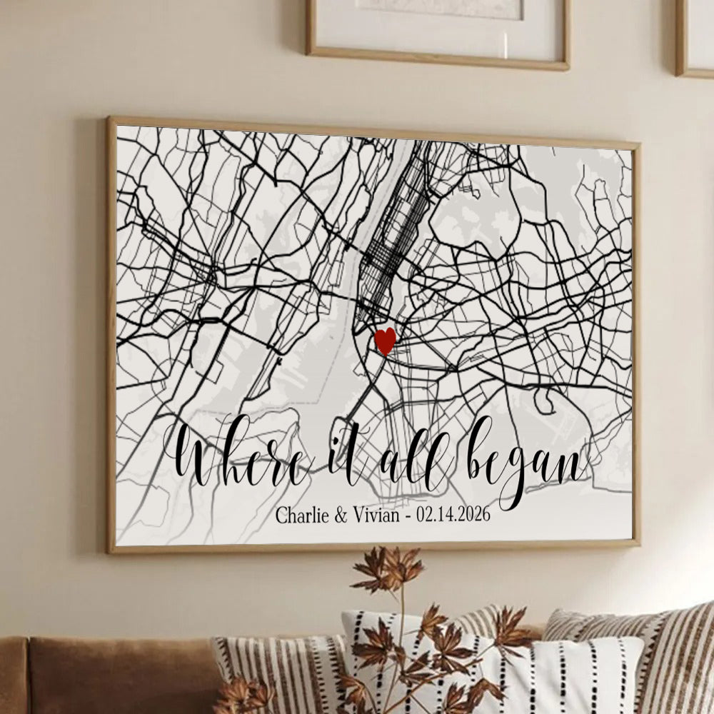 Custom Map Couple Where It All Began - Personalized Canvas Prints - Gift For Her/Him, Husband/Wife, Couples on Anniversary, Valentine's Day