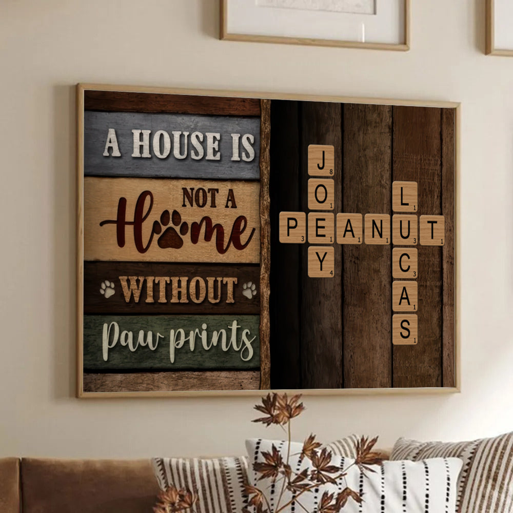 Home With Paw Prints Colored Wood Pallets Crossword Puzzle Art - Personalized Horizontal Canvas Prints - Gift For Dog Lovers, Cat Lovers, Pet Lovers