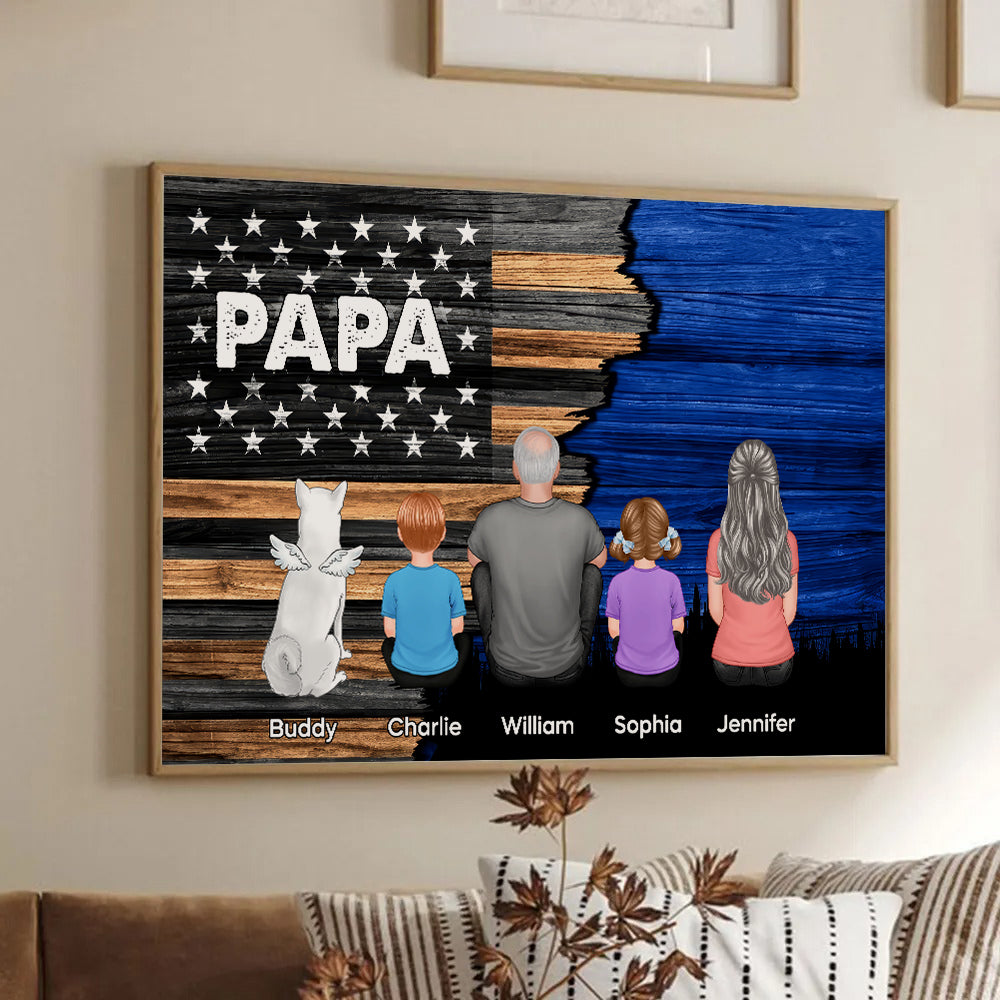 Dad Grandpa Back View Sitting With Kids Half Nation Flag - Personalized Canvas - Gift For Dad, Grandpa, Father's Day
