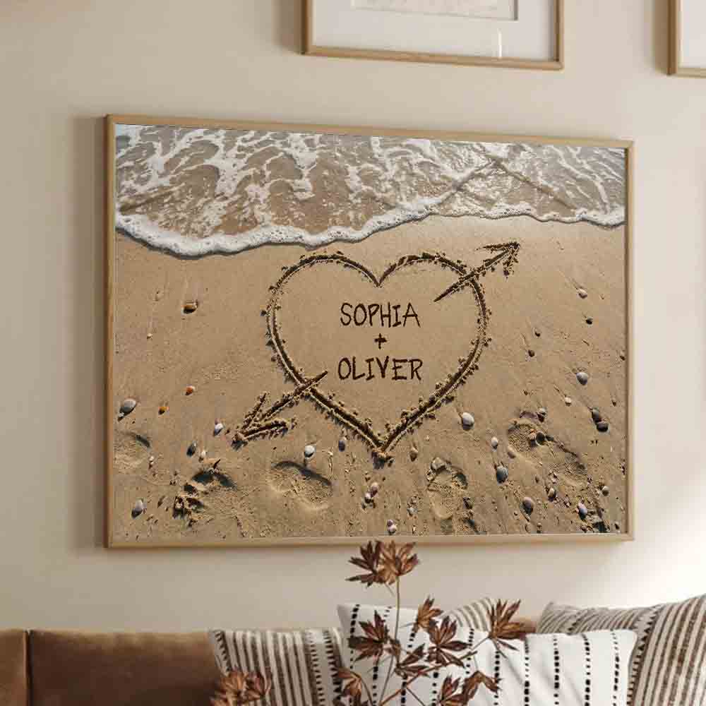 Couple Names Heart in Sand - Personalized Canvas Prints - Gift For Her/Him, Husband/Wife, Couples on Anniversary, Valentine's Day