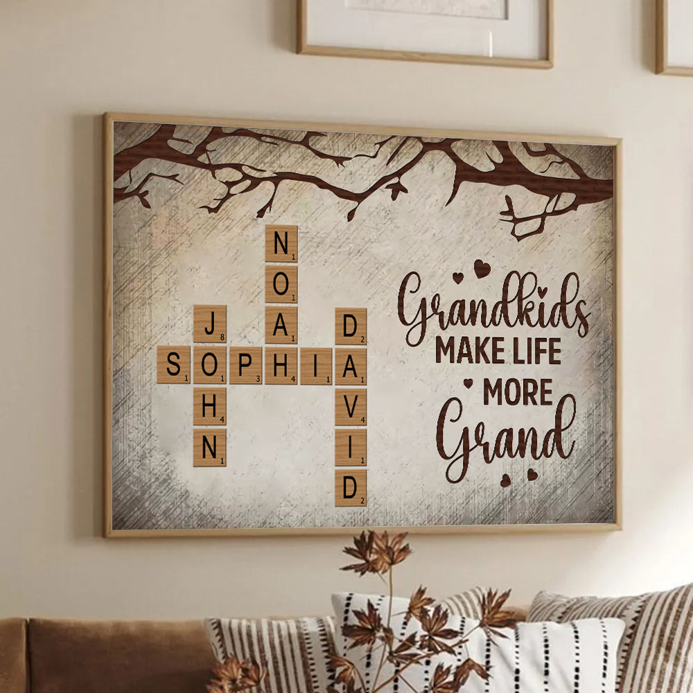 Grandkids Make Life More Grand Family Crossword - Personalized Canvas - Gift for Grandma, Nana, Grandparent