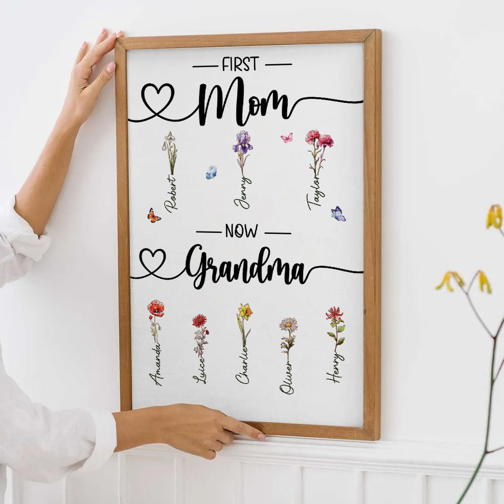 Birth Month Flower First Mom Now Grandma - Personalized Canvas - Gift For Gift For Grandma, Mom, Mother's Day