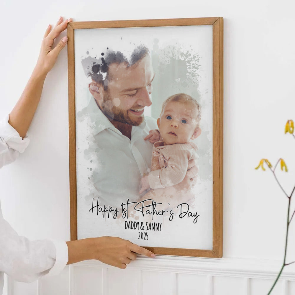 Custom Photo Watercolor First Father's Day - Personalized Canvas - New Dad Gift From Wife, First Father's Day