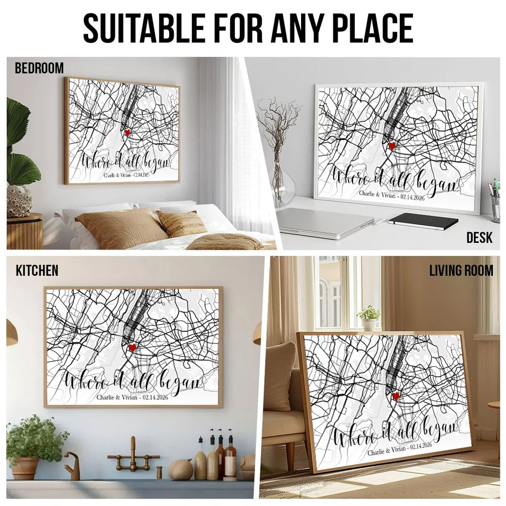 Custom Map Couple Where It All Began - Personalized Canvas Prints - Gift For Her/Him, Husband/Wife, Couples on Anniversary, Valentine's Day