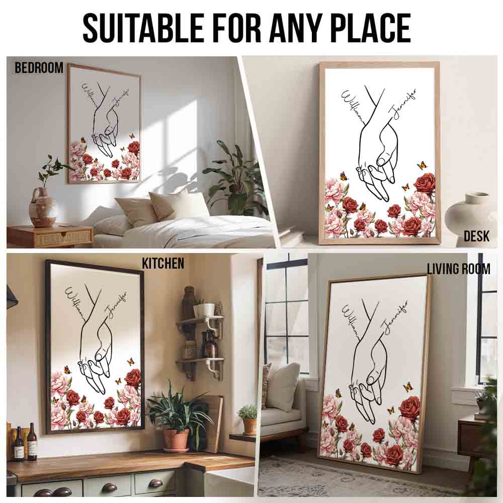 I Love You Couple Hand Print Birth Flower - Personalized Canvas Prints - Gift For Her/Him, Wife/Husband, Girlfriend/Boyfriend on Anniversary, Valentine's Day